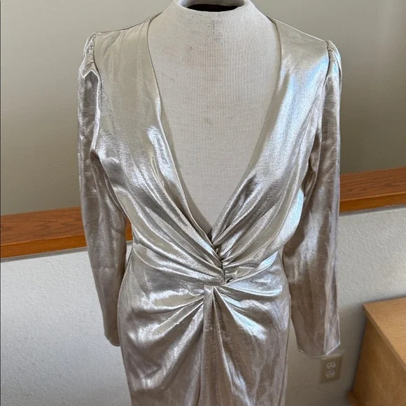 This is a Reformation Gatsby Dress in a silver or champagne color new with tags